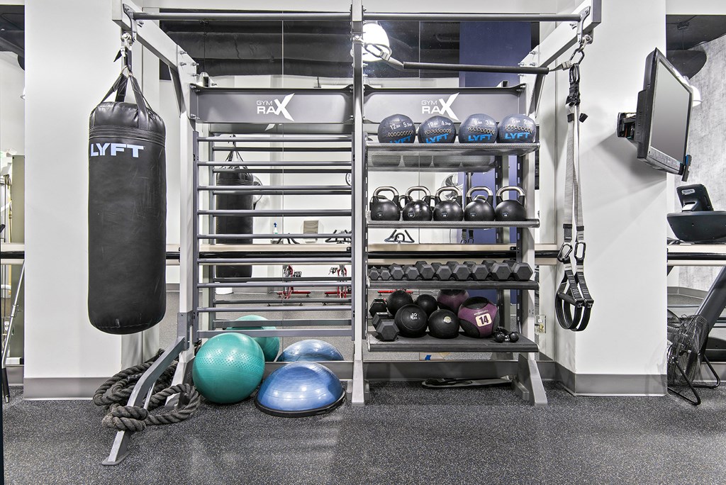 A gym with a punching bag, kettlebells, and weightlifting equipment.
