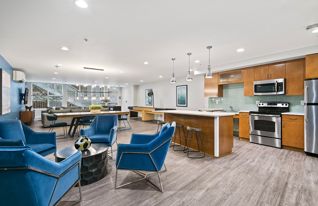 A modern kitchen and living room with blue chairs and wooden floors.