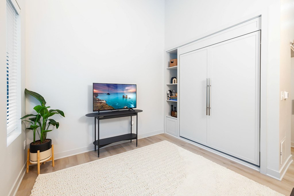 A white room with a TV and a plant.