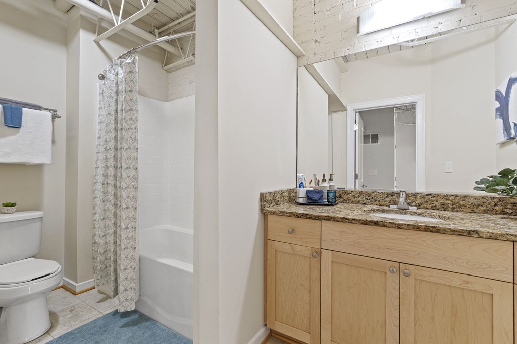 a bathroom with a shower toilet and sink and a mirror
