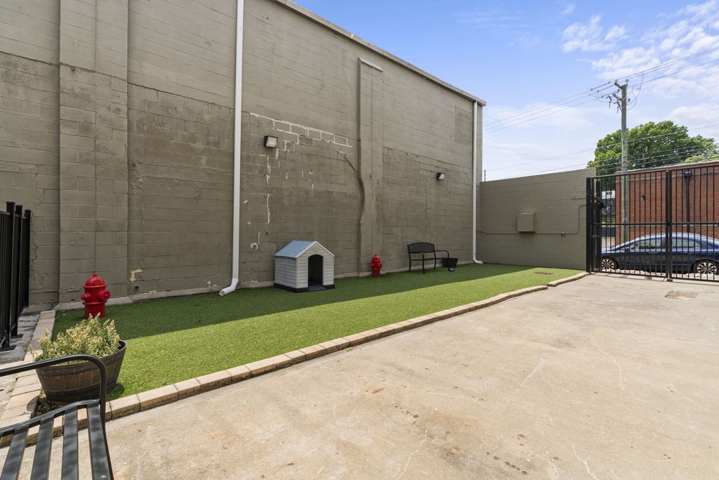 the backyard of a building with a dog house and a fire hydrant