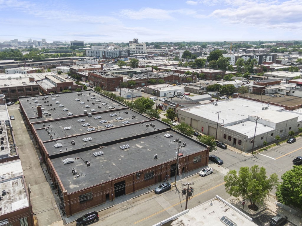 an aerial view of a building in the city