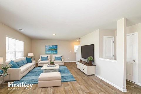 A living room with a white couch and a blue rug.