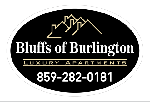 A black and white logo for Bluffs of Burlington Luxury Apartments.