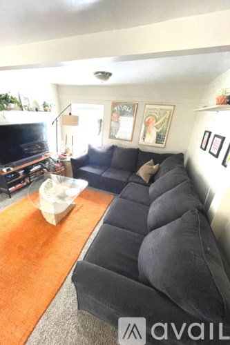 A living room with a black couch and a television.