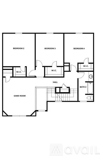 A floor plan of a house with four bedrooms and a game room.