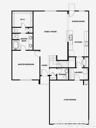 A floor plan of a house with a master bedroom, two bathrooms, a family room, a dining room, a kitchen, a powder room, a laundry room, and a 2-car garage.