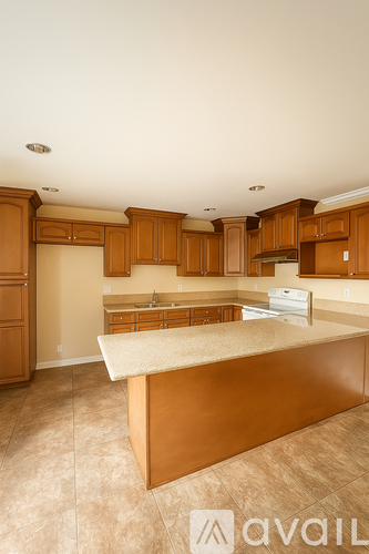 A kitchen with wooden cabinets and a marble countertop is available for rent.