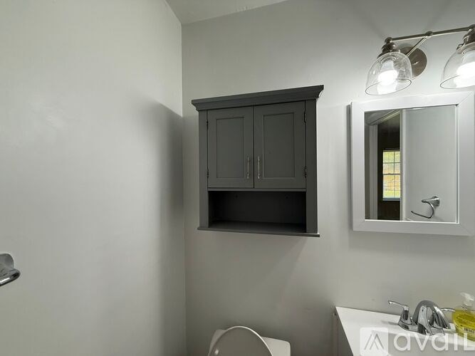 A bathroom with a toilet, sink, and a cabinet above the sink.