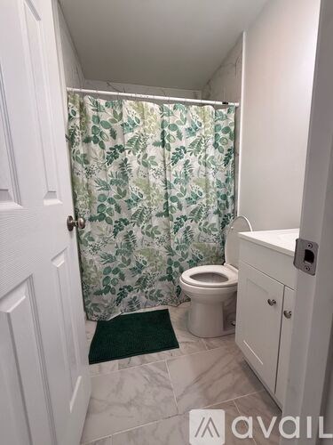 A bathroom with a toilet, sink, and shower curtain.