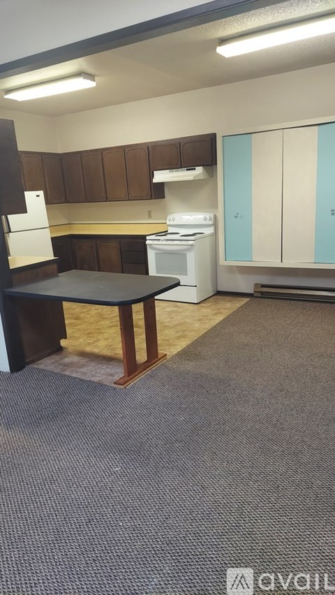 A kitchen with a table and a fridge.