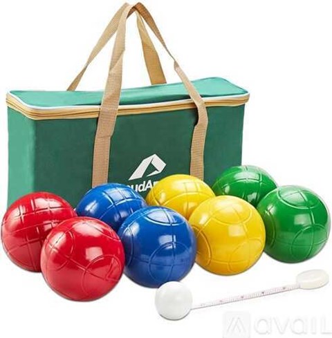 A green bag with a logo on it and a set of colorful balls and a mallet in front of it.