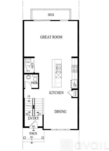 A floor plan of a house with a deck, great room, kitchen, dining area, and porch.