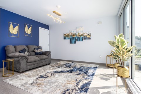 A living room with a grey sofa and a blue wall.