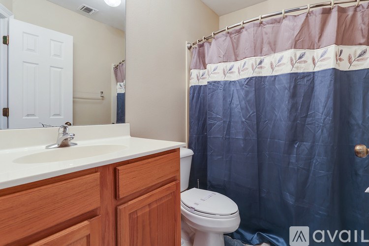 A bathroom with a toilet, sink, and shower curtain.