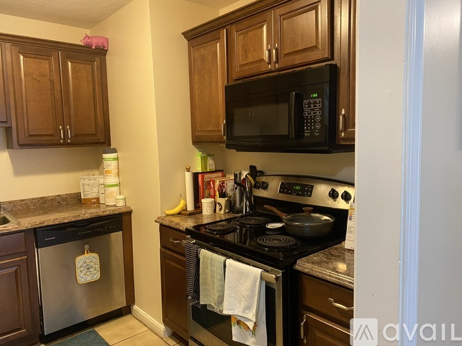A kitchen with a black stove top oven and a black microwave above it.