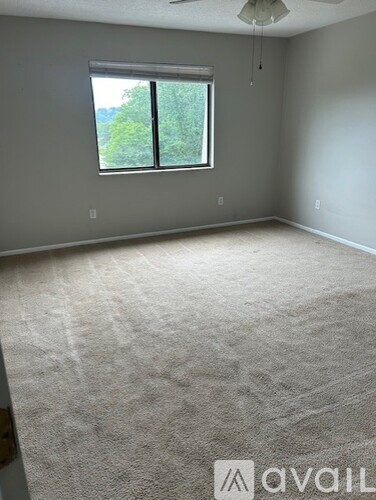 A room with a carpeted floor and a window.