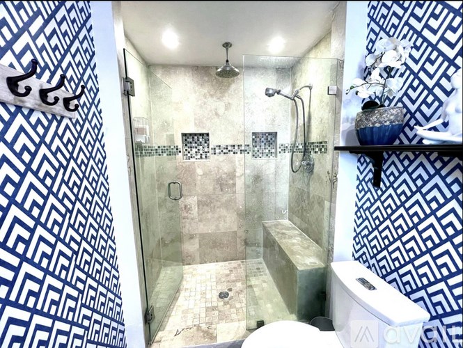 A bathroom with a shower and a toilet.