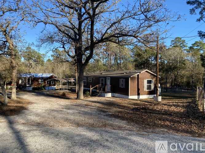 A house is situated in a wooded area with a dirt road leading to it.