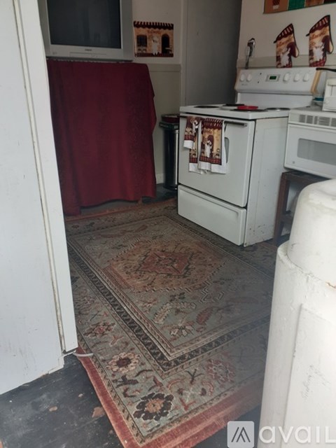 A kitchen with a red curtain and a rug on the floor.
