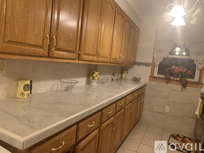 A kitchen with wooden cabinets and a marble countertop.