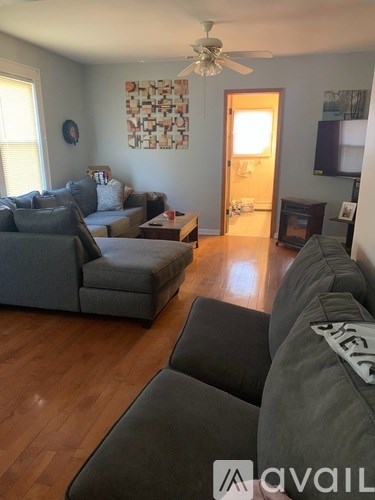 A living room with a grey couch and a wooden floor.