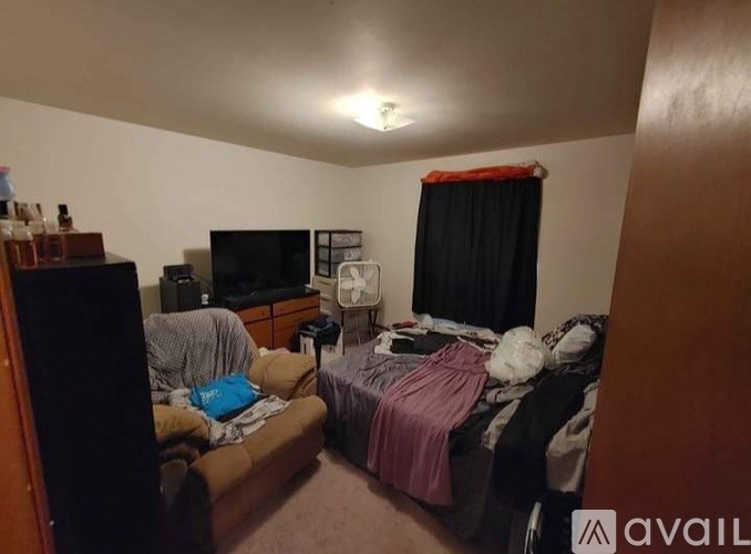 A bedroom with a bed, a couch, and a television.