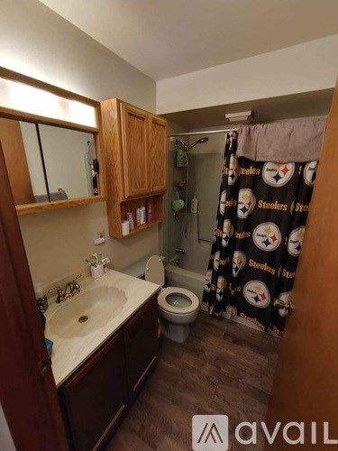 A bathroom with a toilet, sink, and shower curtain.