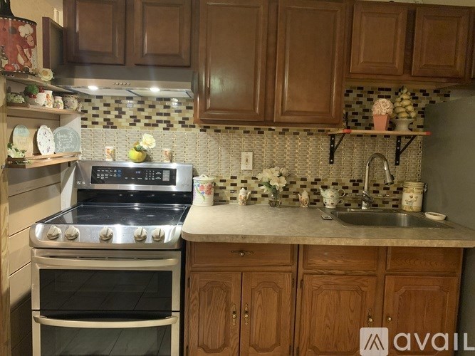 A kitchen with a stove, sink, and wooden cabinets.