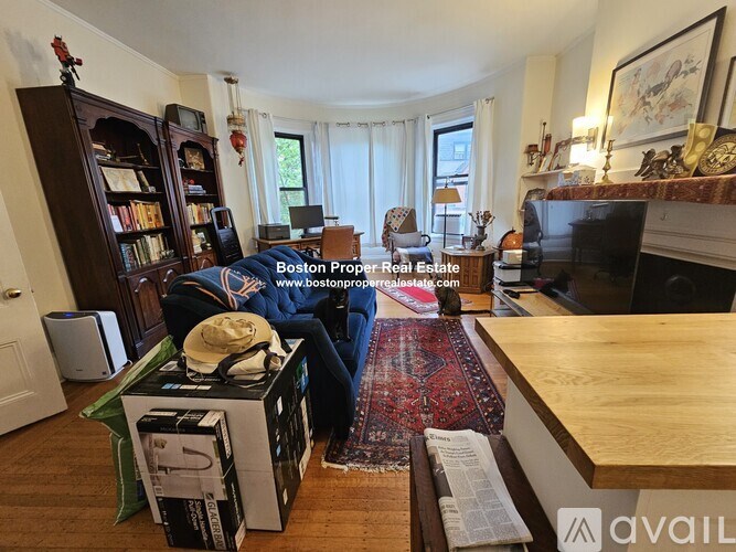 A living room with a fireplace and a bookshelf.