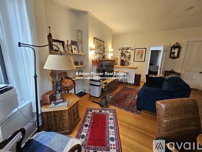 A living room with a rug and a chair.