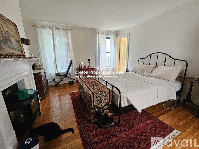A bedroom with a bed, fireplace, and a cat on the floor.