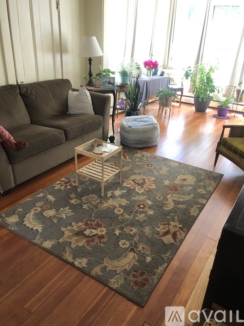 A living room with a grey couch, a floral rug, and a wooden coffee table.