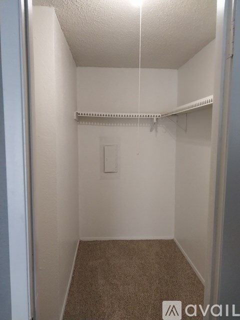 A small, empty closet with a carpeted floor and a single shelf.