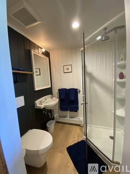 A bathroom with a toilet, sink, and shower.