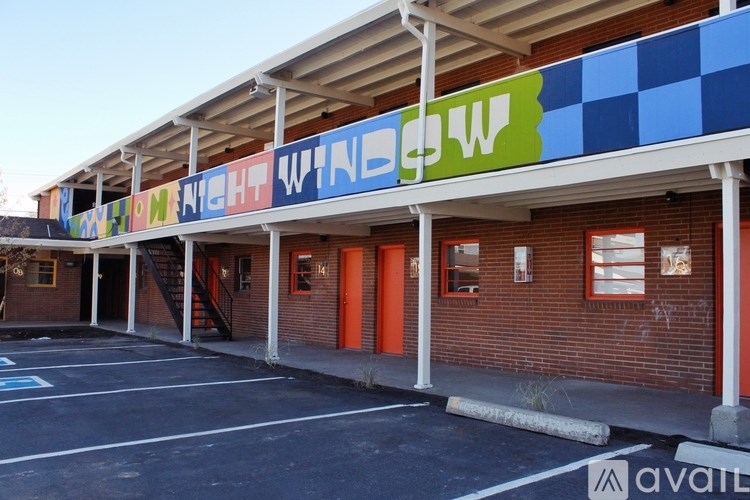 A building with a blue and white checkered awning.