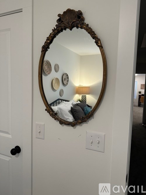 A mirror with a gold frame hangs on a white wall above a switch plate.