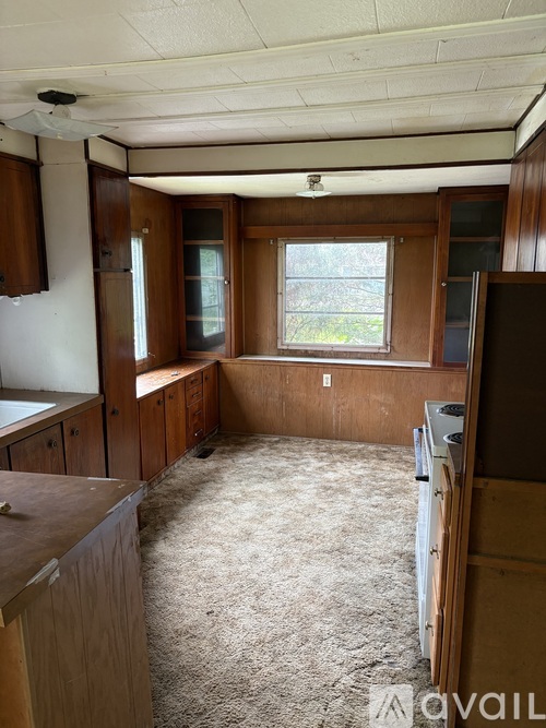 A room with wooden cabinets and a window.