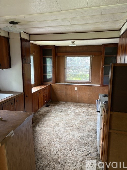 A room with wooden cabinets and a window.