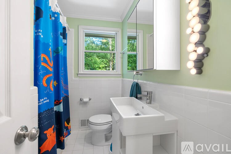 A bathroom with a blue shower curtain and a white sink.