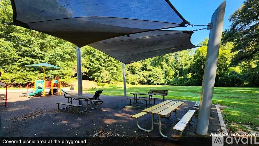 A covered picnic area at a playground.