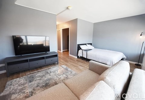 A living room with a grey sofa and a television.