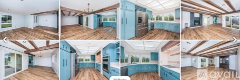 A series of images showcasing a spacious interior with wooden floors and blue accent walls.