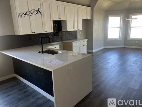 A kitchen with a countertop and cabinets is available for rent.