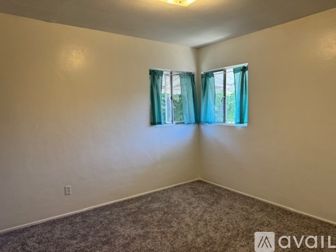 A room with a carpeted floor and a window with green curtains.