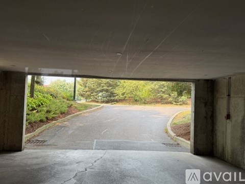 A concrete underpass with a road leading to a grassy area.