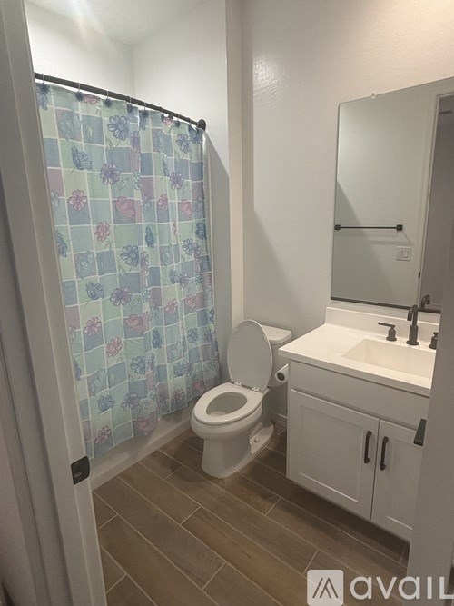 A bathroom with a toilet, sink, and shower curtain.