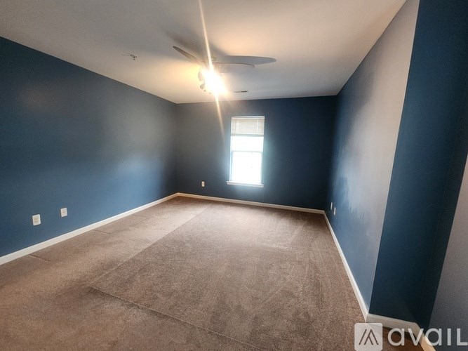 A room with a carpeted floor and a window letting in light.