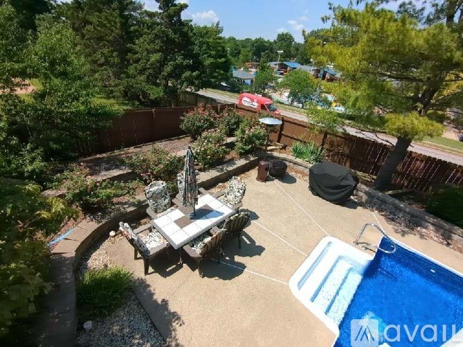 A backyard with a pool and a table surrounded by trees.