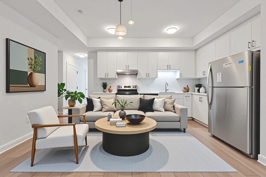 A modern kitchen with a refrigerator, sink, and cabinets.